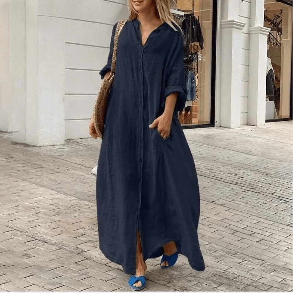 Ada | Women's Button Down Shirt Dress Black Long Sleeve