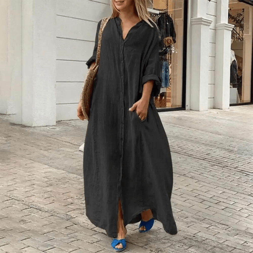 Ada | Women's Button Down Shirt Dress Black Long Sleeve