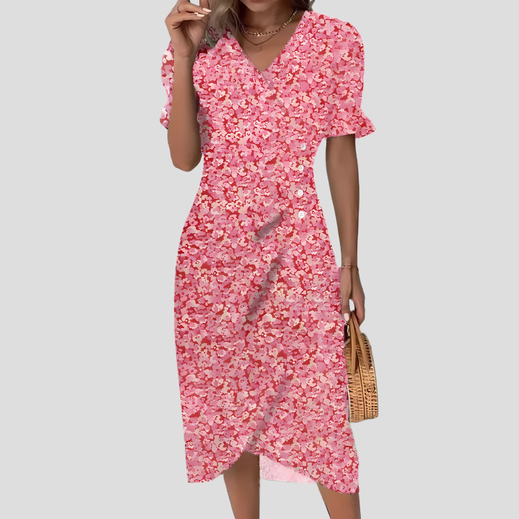 Mira | Women's Floral Wrap Midi Dress Blue Puff Sleeve
