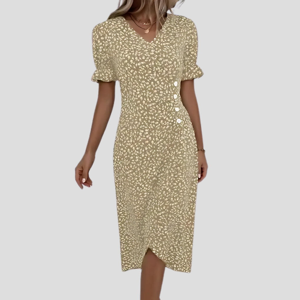 Mira | Women's Floral Wrap Midi Dress Blue Puff Sleeve