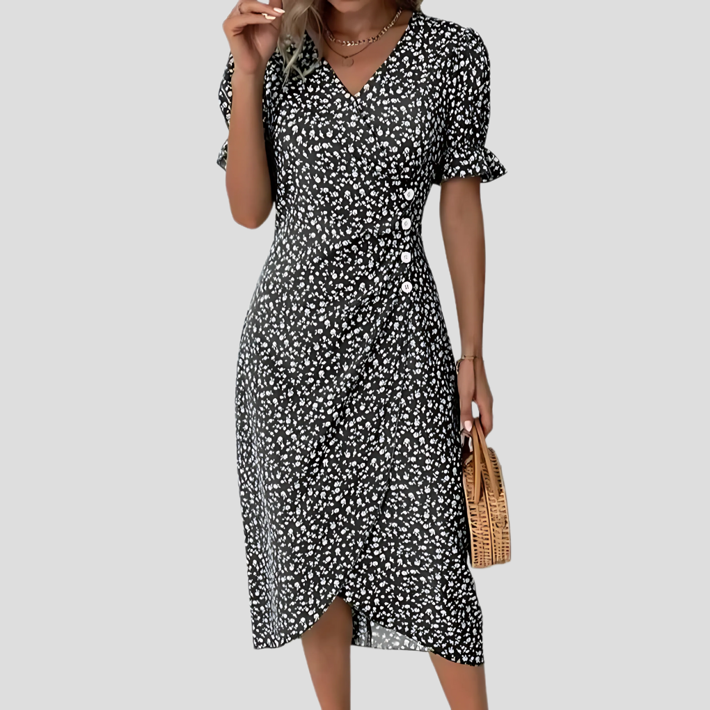Mira | Women's Floral Wrap Midi Dress Blue Puff Sleeve