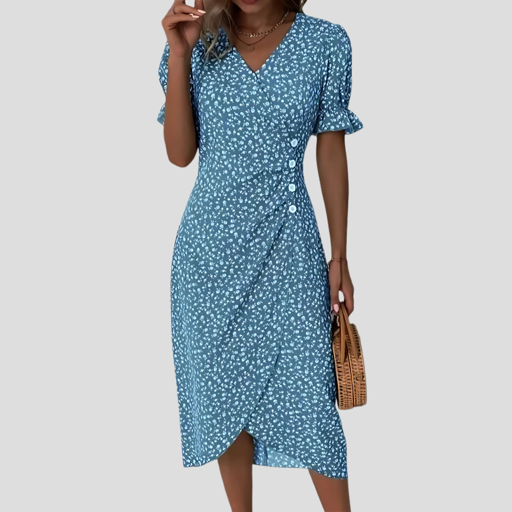 Mira | Women's Floral Wrap Midi Dress Blue Puff Sleeve