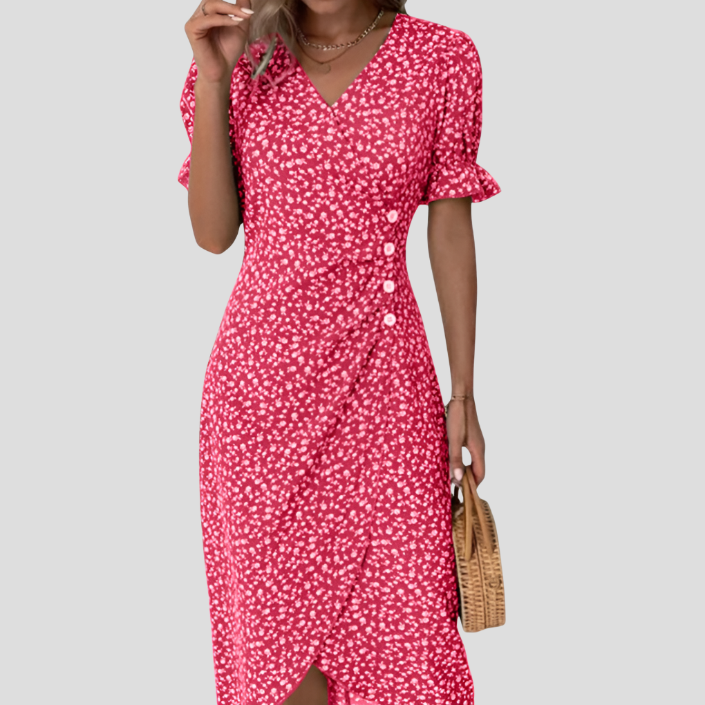 Mira | Women's Floral Wrap Midi Dress Blue Puff Sleeve