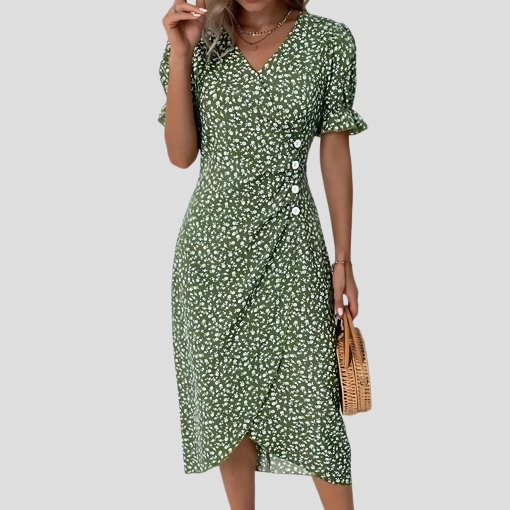 Mira | Women's Floral Wrap Midi Dress Blue Puff Sleeve