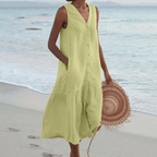 Dama Washington Luisa women's linen shirt dress yellow sleeveless - front view
