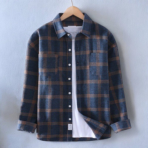 Dama Washington Axel men's flannel shirt navy plaid long sleeve - front view