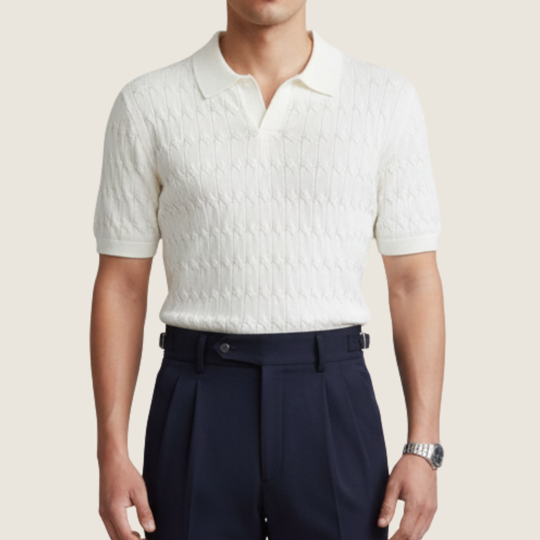 Axel | Men's Cable Knit Polo Shirt Cream Short Sleeve