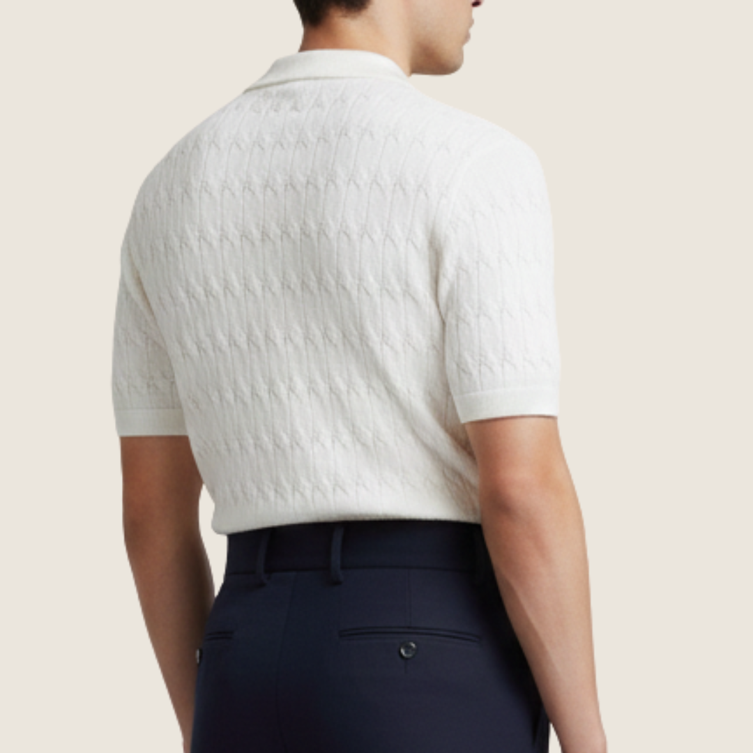 Axel | Men's Cable Knit Polo Shirt Cream Short Sleeve