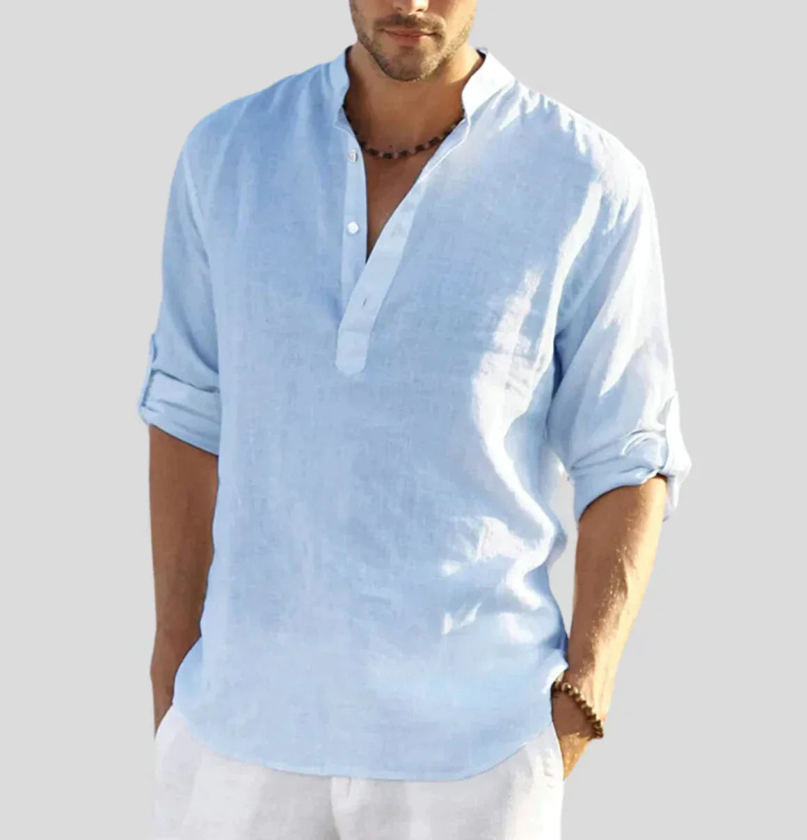 Axel | Men's Linen Shirt Light Blue Long Sleeve Button Up