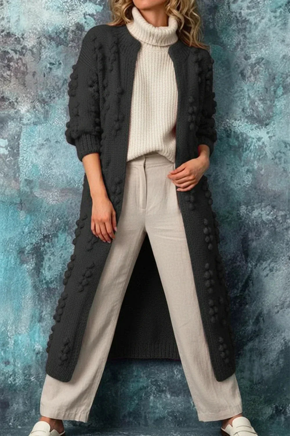 Isla | Women's Long Cardigan Sweater Black Cable Knit