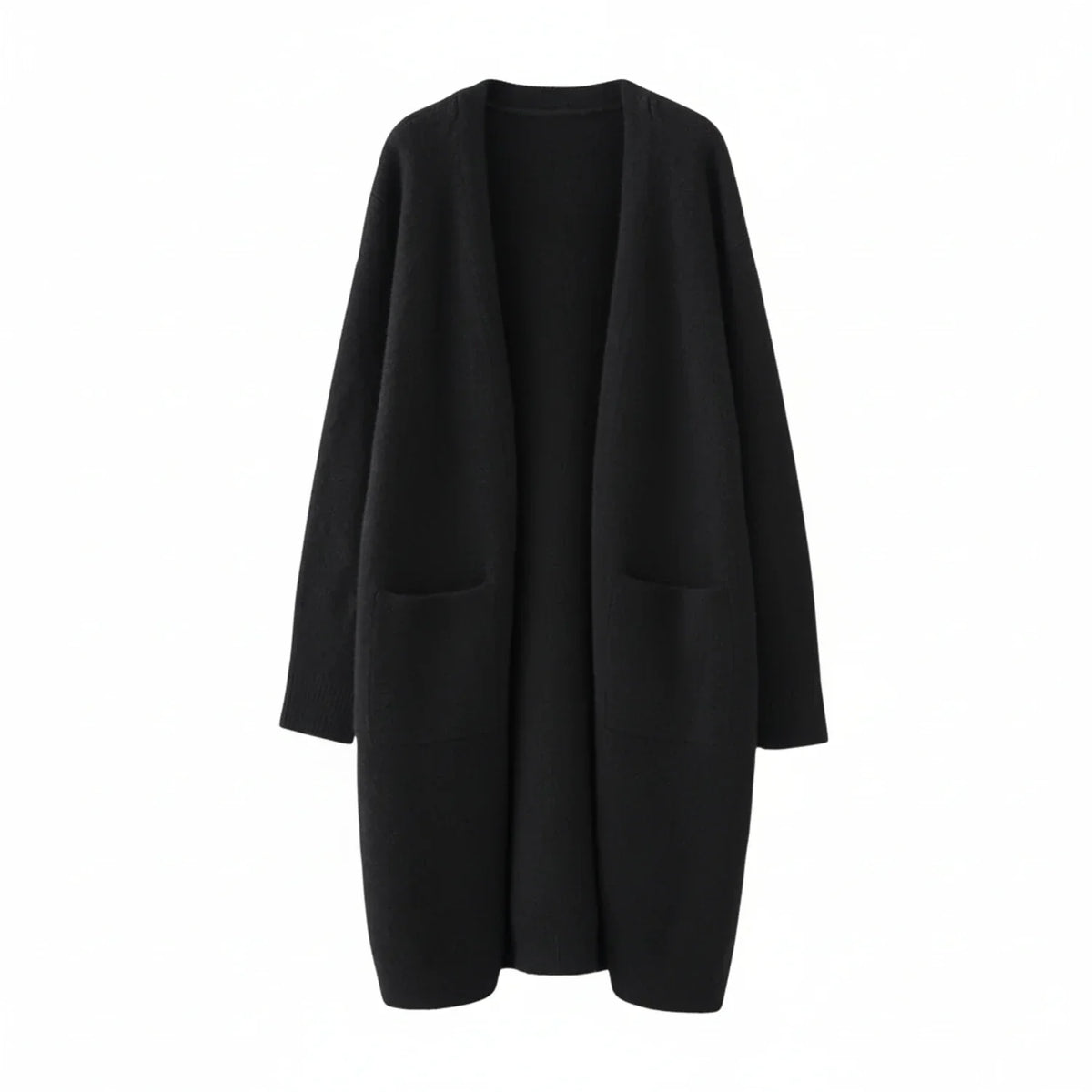 Dama Washington Lux women's long cardigan sweater black open front pockets - front view