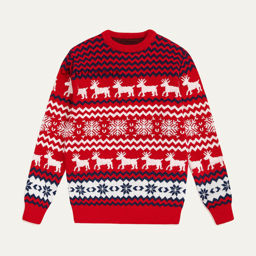 Dama Washington Ash men's crew neck sweater red reindeer snowflake pattern - front view