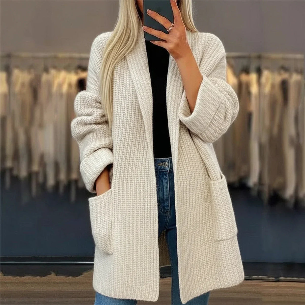 Dama Washington Demi women's oversized cardigan cream cable knit long - front view