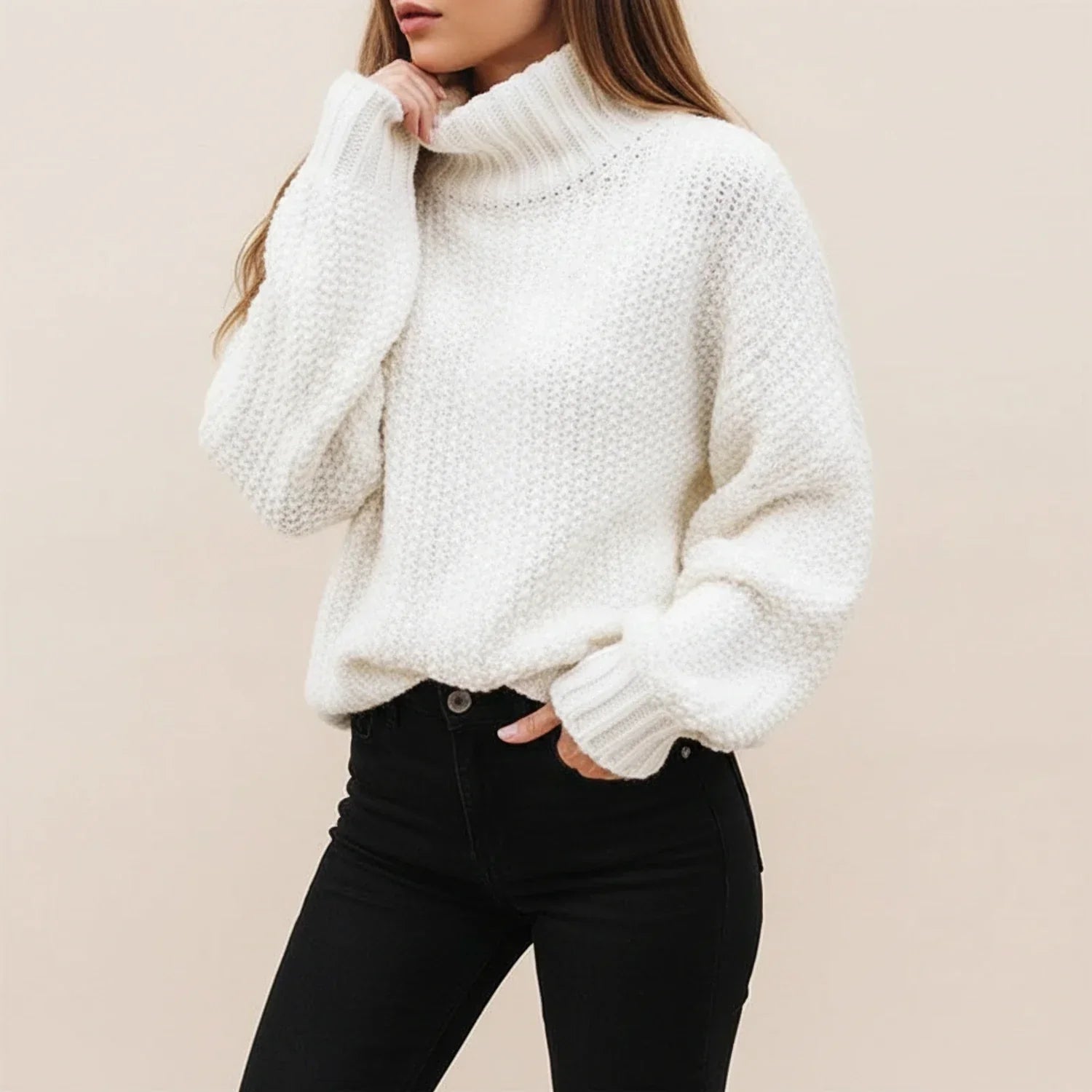 Lola | Women's Oversized Turtleneck Sweater Cream Knit