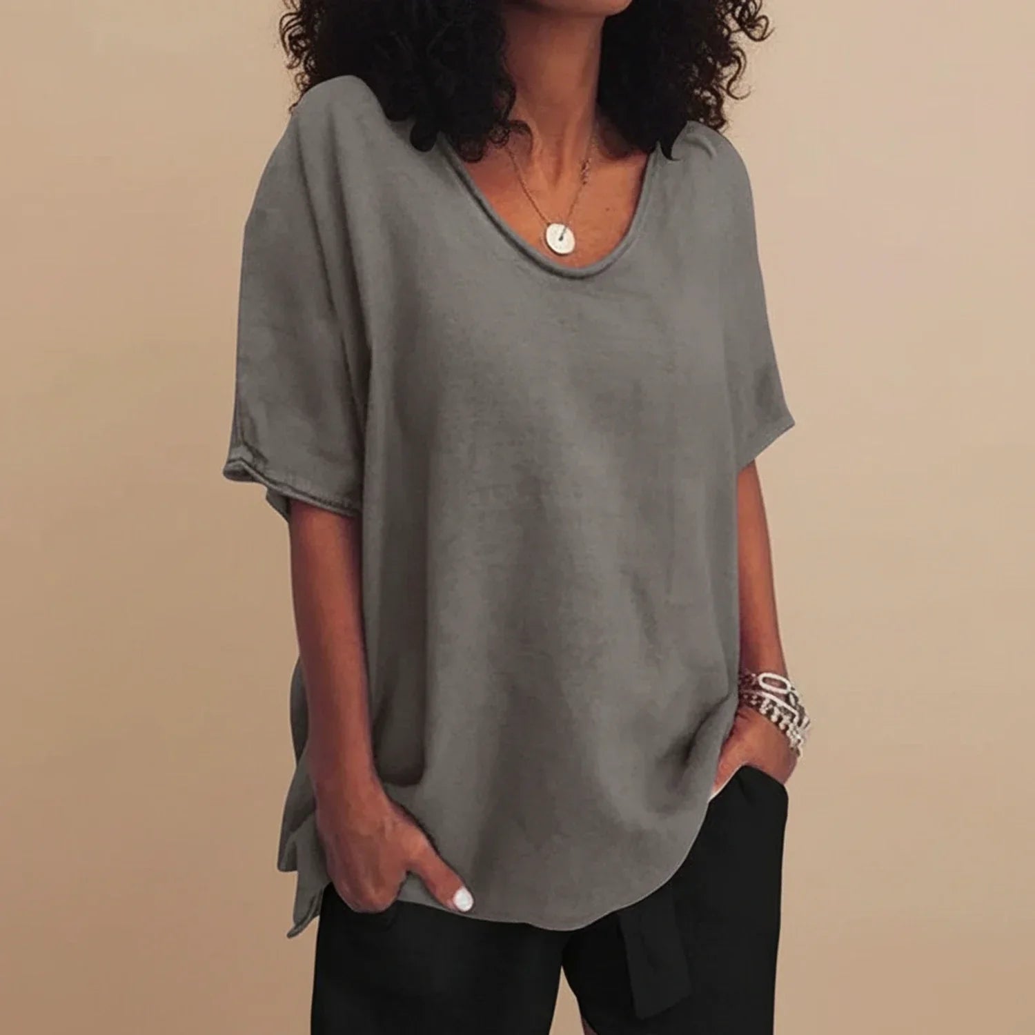Liv | Women's Oversized Linen Top Crew Neck Gray Short Sleeve