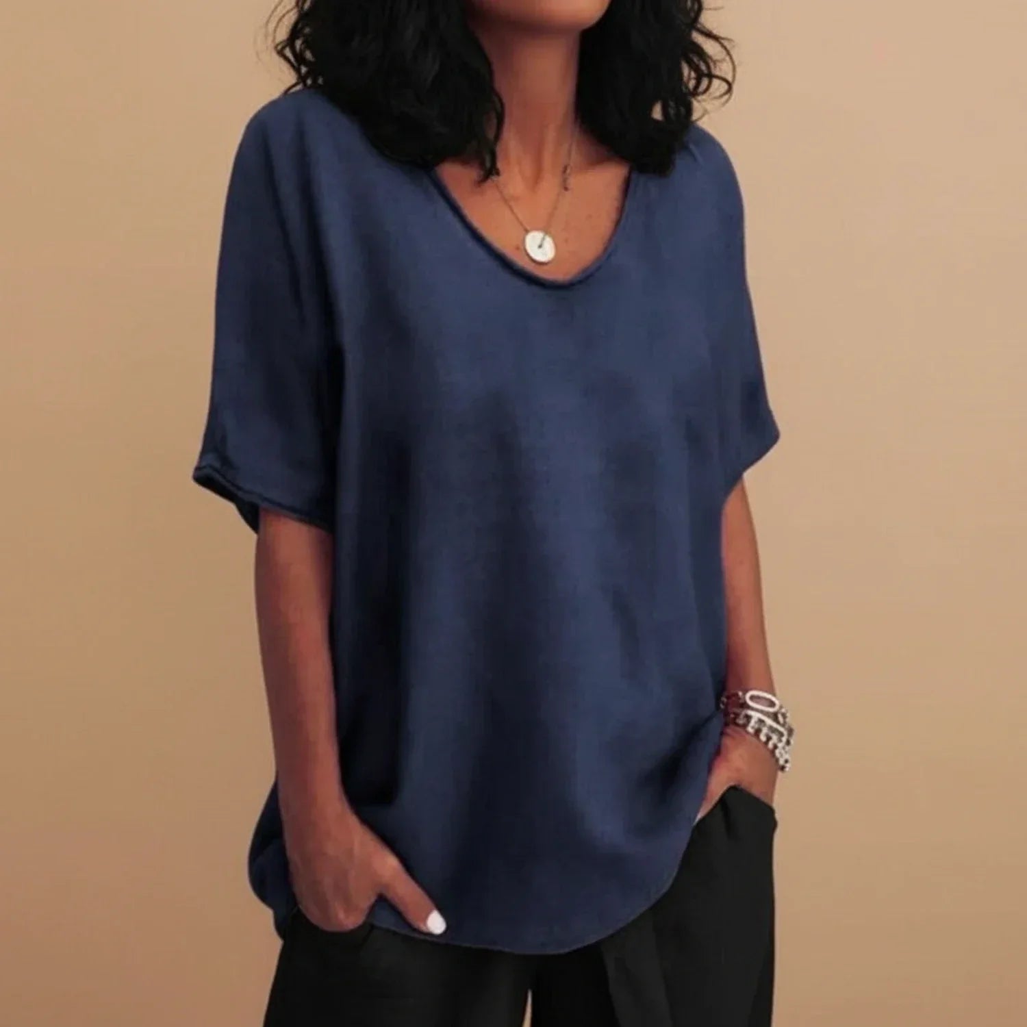Liv | Women's Oversized Linen Top Crew Neck Gray Short Sleeve