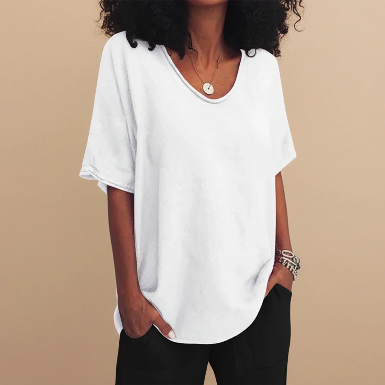 Liv | Women's Oversized Linen Top Crew Neck Gray Short Sleeve