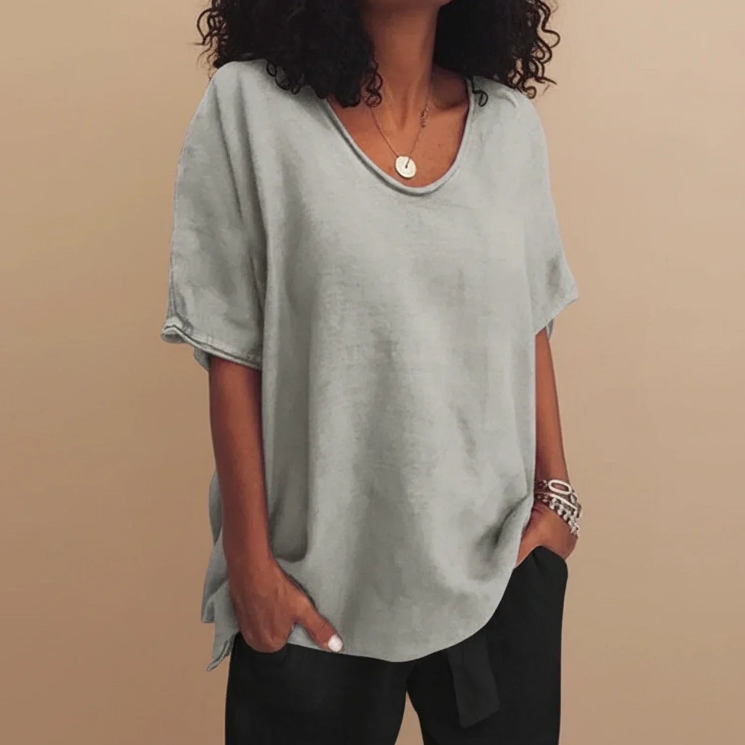 Liv | Women's Oversized Linen Top Crew Neck Gray Short Sleeve