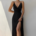 Dama Washington Stella women's slip dress black v neck satin - front view