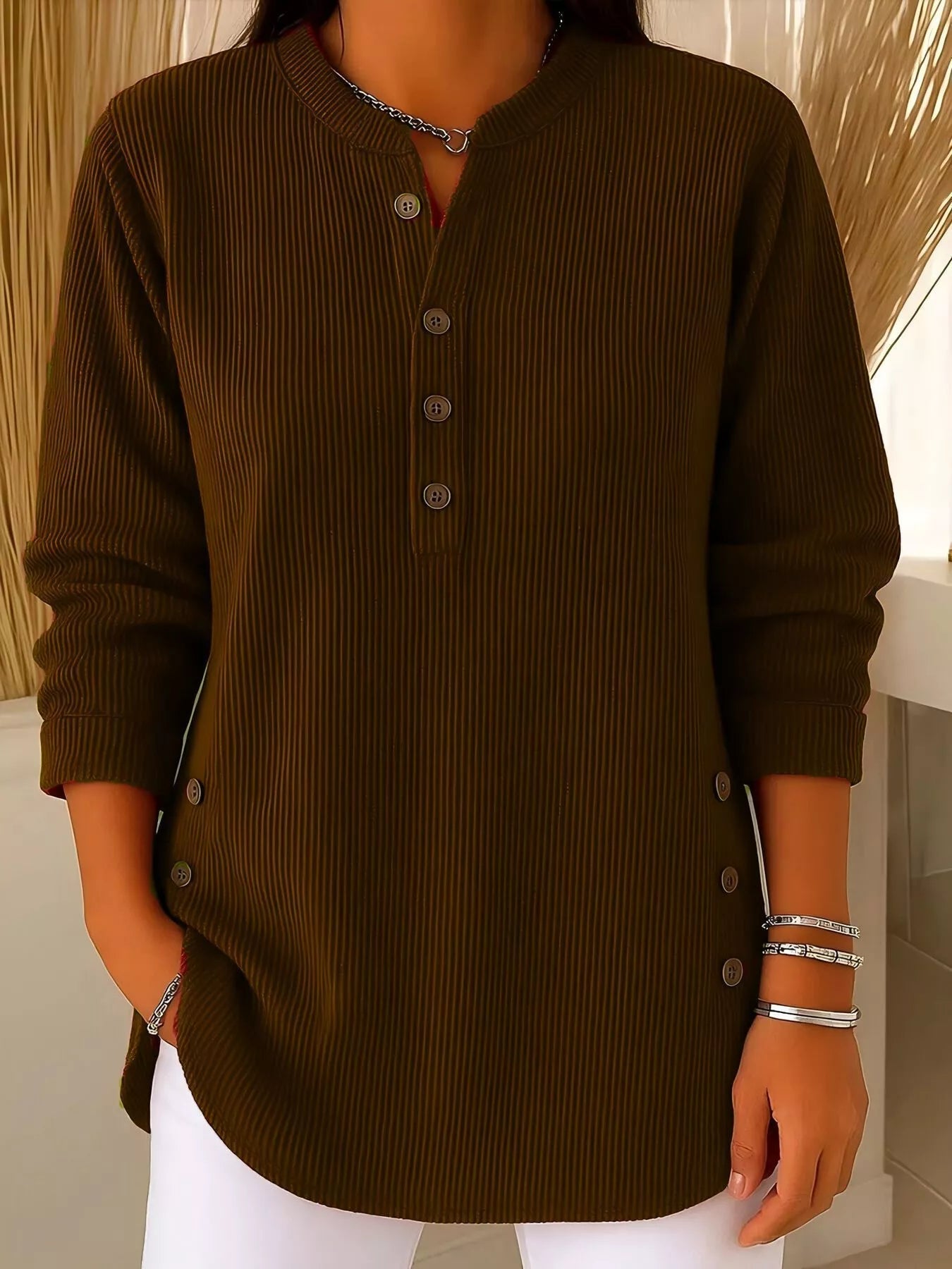Ada | Women's Ribbed Button Up Tunic Top Black