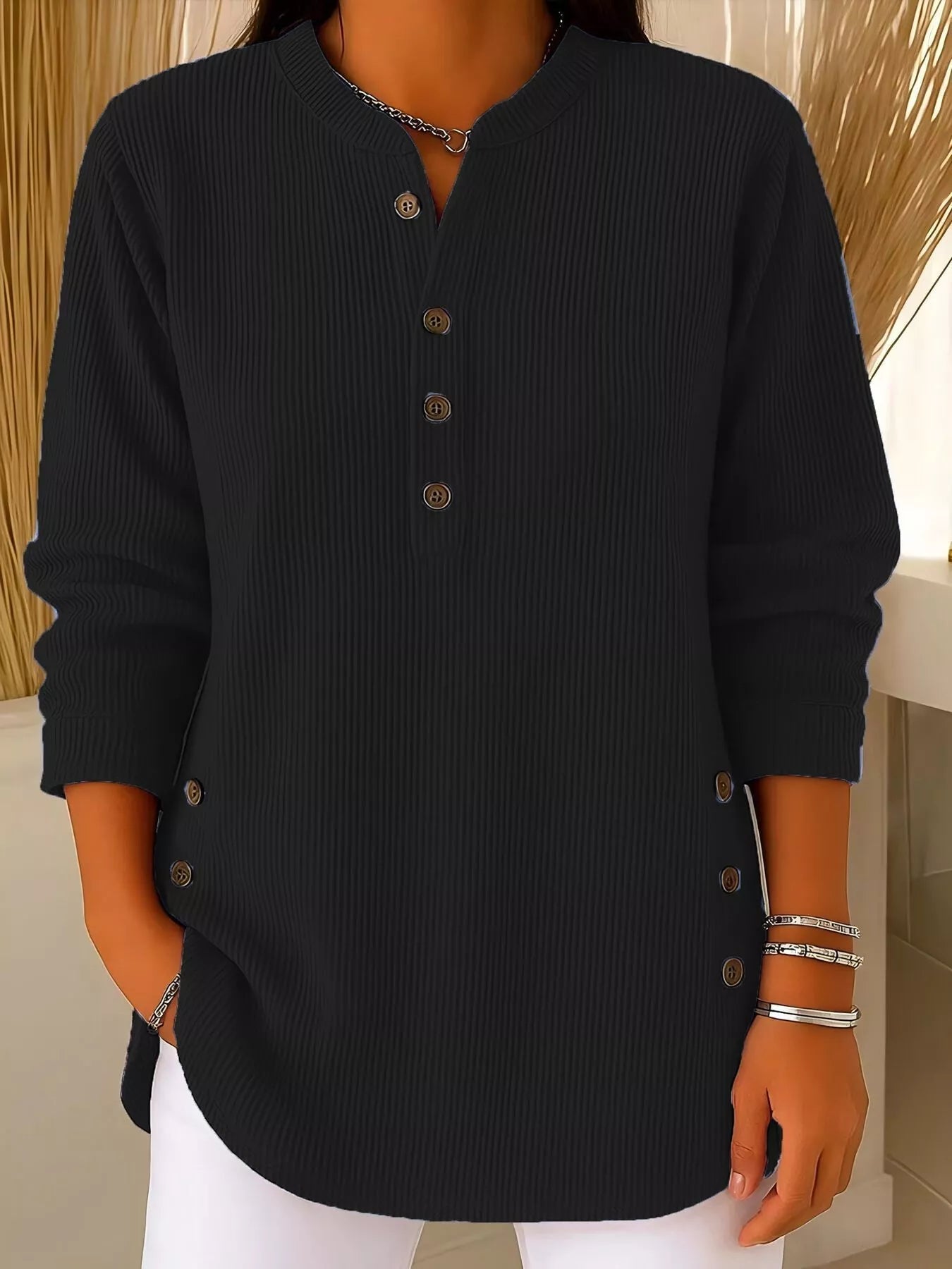 Ada | Women's Ribbed Button Up Tunic Top Black