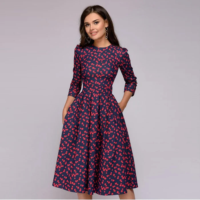 Aria | Women's Floral Midi Dress Cream Puff Sleeve