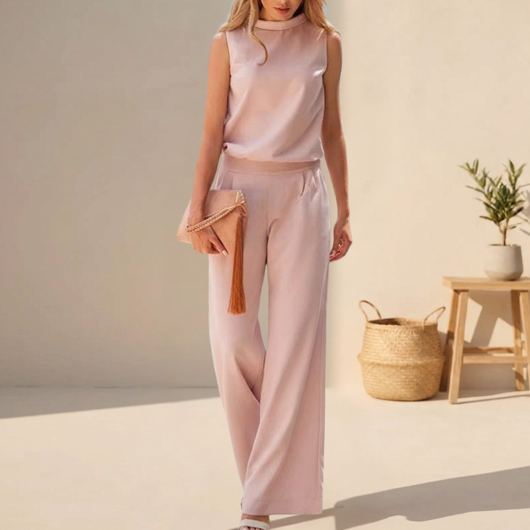 Sable | Women's Wide Leg Pants Cream Sleeveless Lounge Set