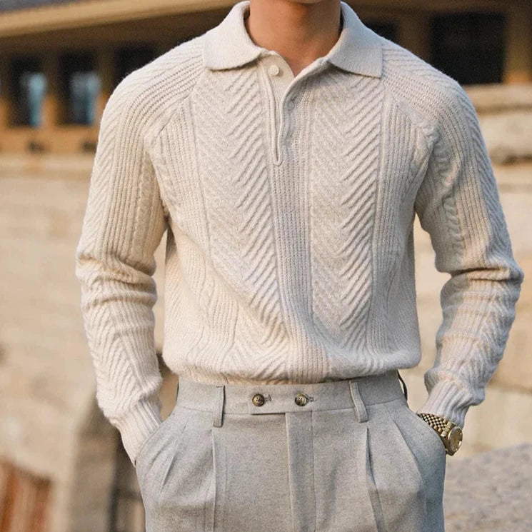 Rex | Men's Cable Knit Polo Shirt Cream