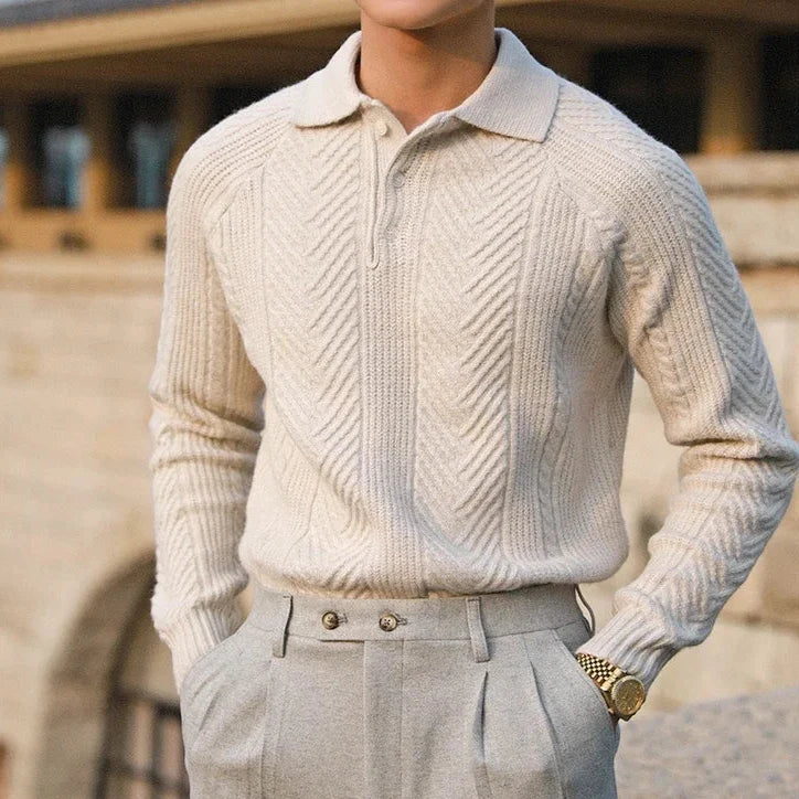 Rex | Men's Cable Knit Polo Shirt Cream