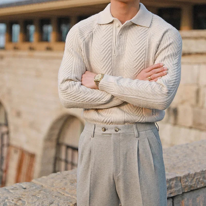 Rex | Men's Cable Knit Polo Shirt Cream
