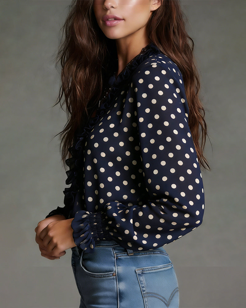 Cleo | Women's Polka Dot Ruffle Blouse Long Sleeve Navy