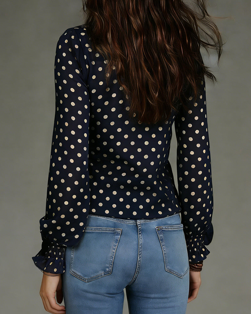 Cleo | Women's Polka Dot Ruffle Blouse Long Sleeve Navy