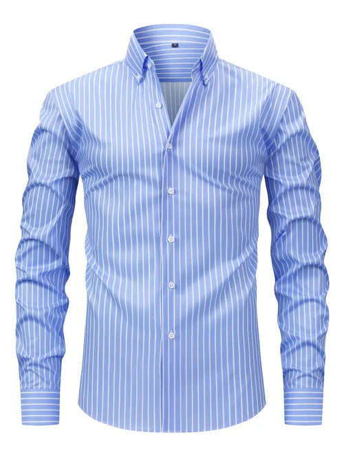 Dama Washington Axel men's light blue striped oxford dress shirt long sleeve - front view