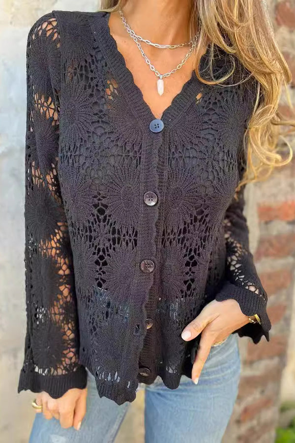 Maren | Women's Crochet Button Up Cardigan Cream Long Sleeve