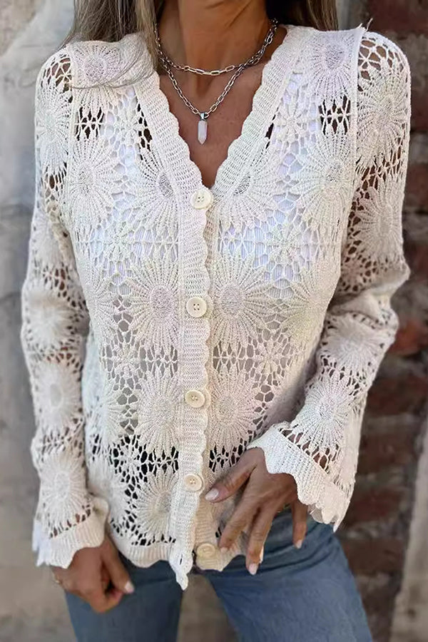 Maren | Women's Crochet Button Up Cardigan Cream Long Sleeve