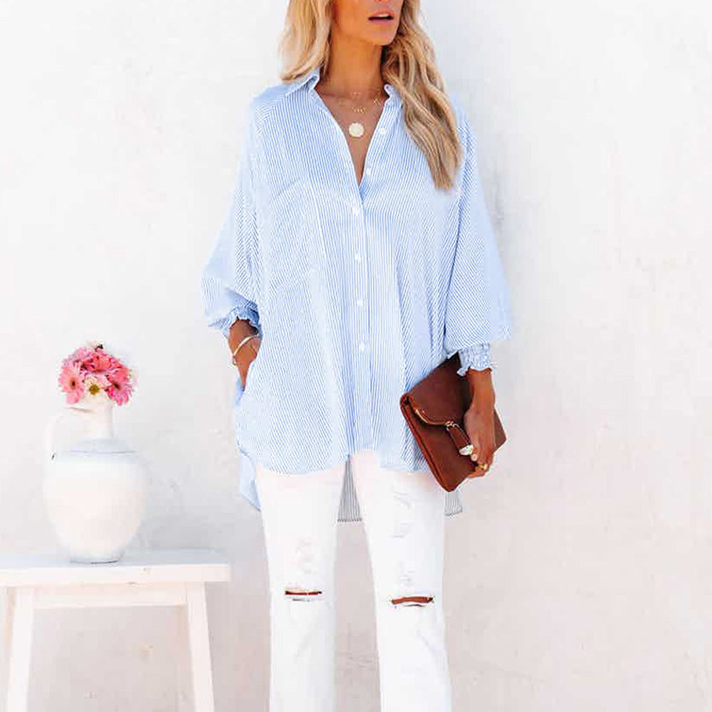 Nola | Women's Oversized Striped Button Down Shirt Light Blue