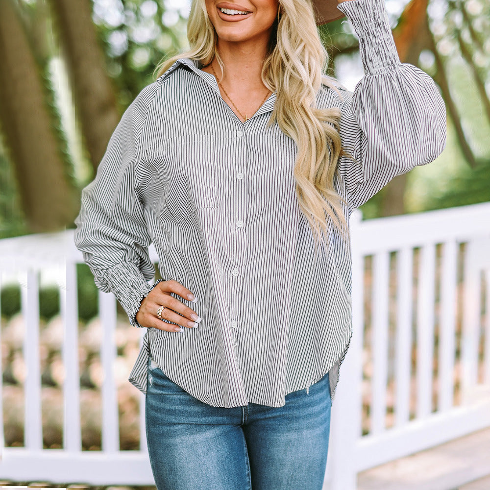 Nola | Women's Oversized Striped Button Down Shirt Light Blue