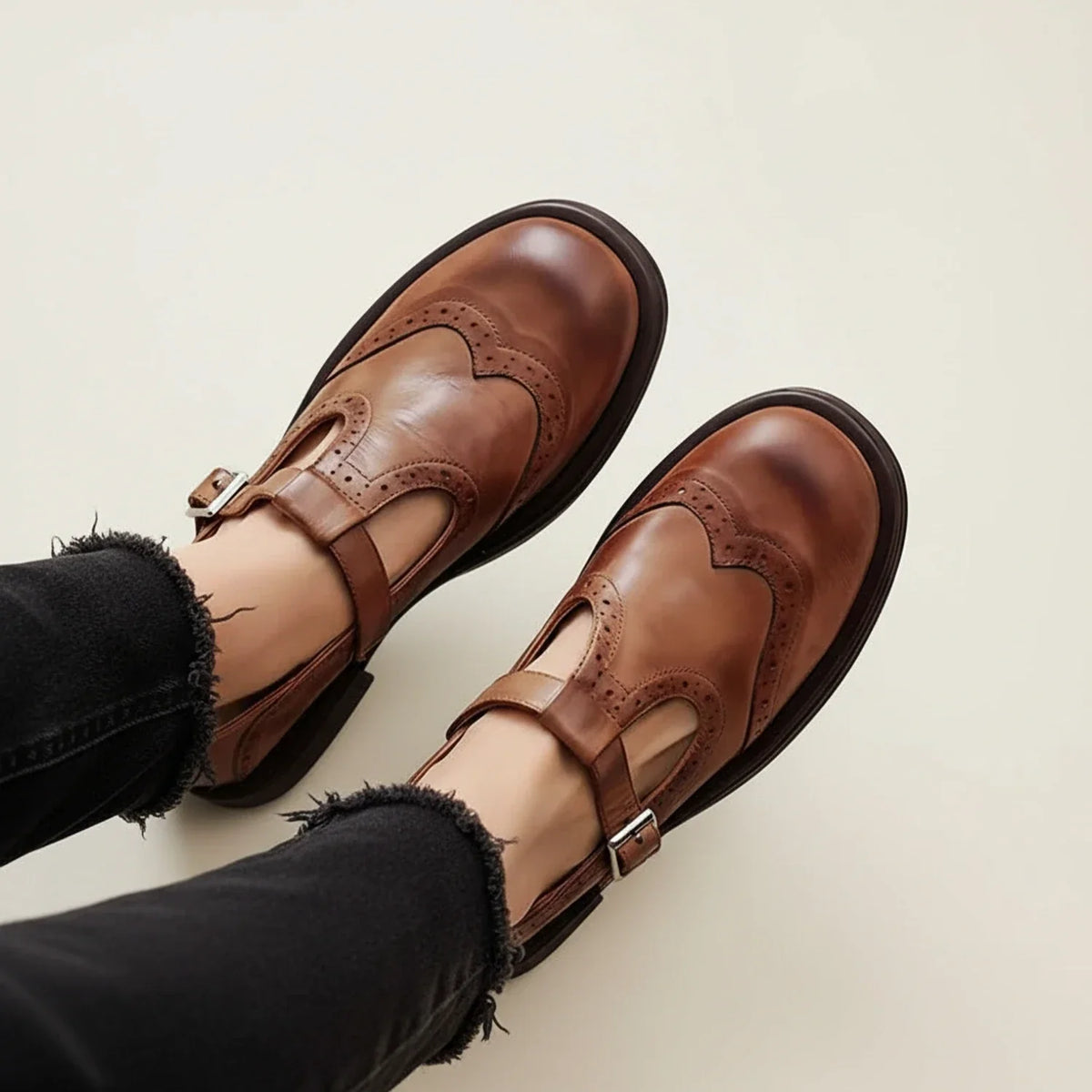 Dama Washington Rosa women's brown leather mary jane t strap shoes - front view
