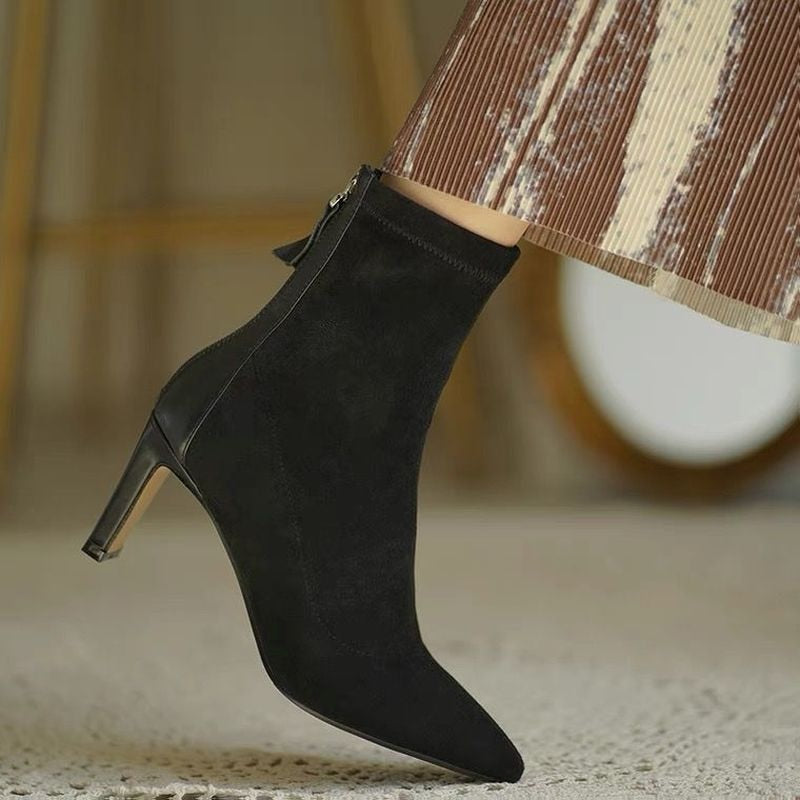 Dama Washington Cleo women's pointed toe suede ankle boots black heel - front view