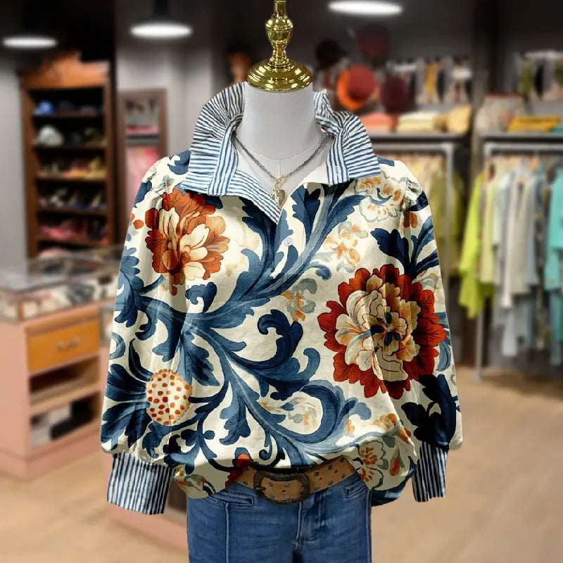 Cora | Women's Floral Print Blouse Cream Collared Long Sleeve