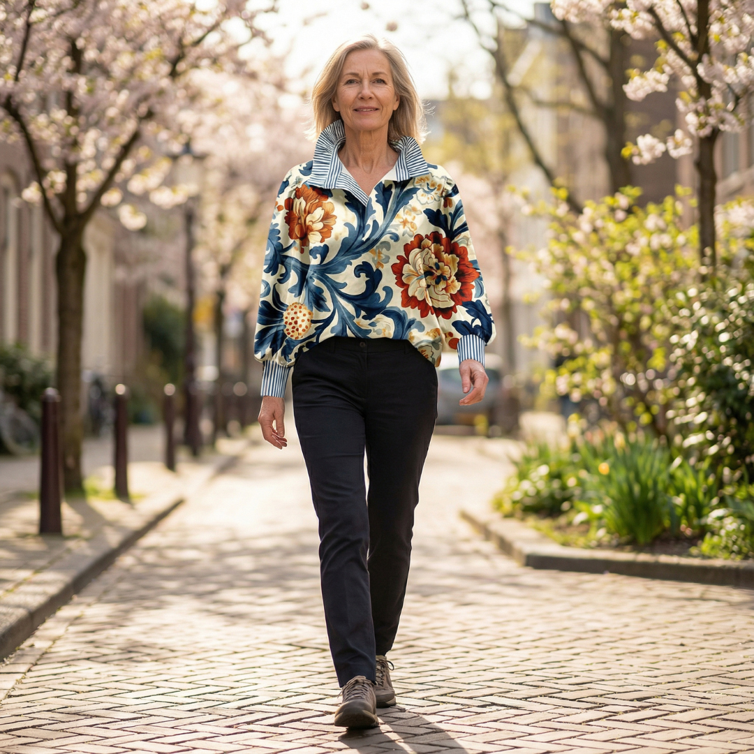 Cora | Women's Floral Print Blouse Cream Collared Long Sleeve