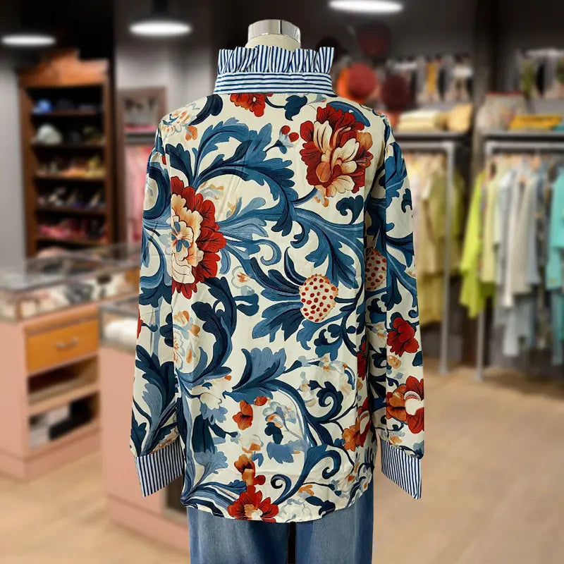 Cora | Women's Floral Print Blouse Cream Collared Long Sleeve