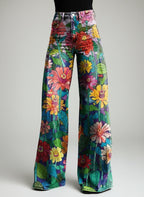 Dama Washington Thea women's wide leg jeans floral print high waisted - front view