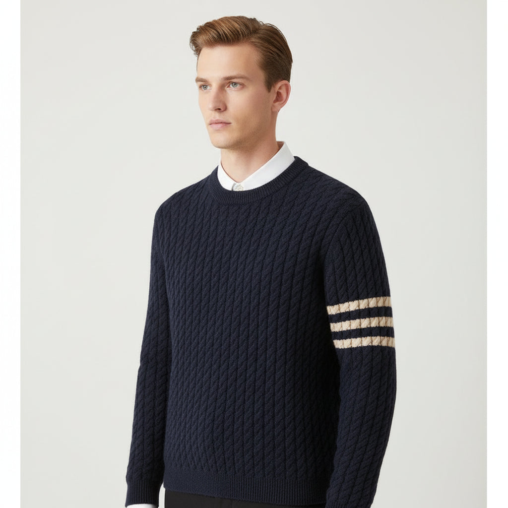 Bram | Men's Cable Knit Crew Neck Sweater Cream Striped Sleeve