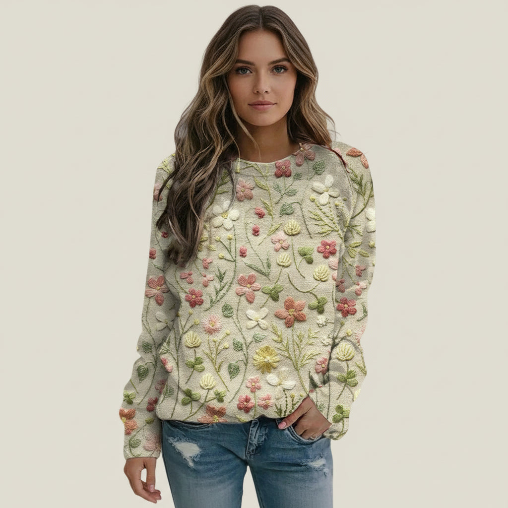 Isla | Women's Floral Crew Neck Sweater Cream