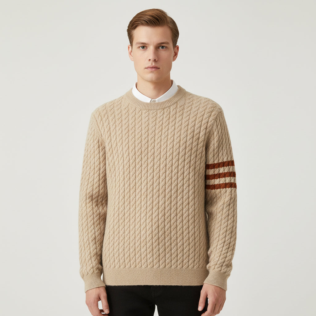 Bram | Men's Cable Knit Crew Neck Sweater Cream Striped Sleeve