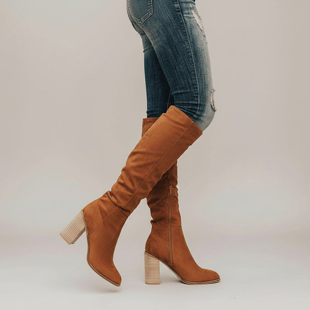 Viola | Women's Knee High Block Heel Boots Tan Suede