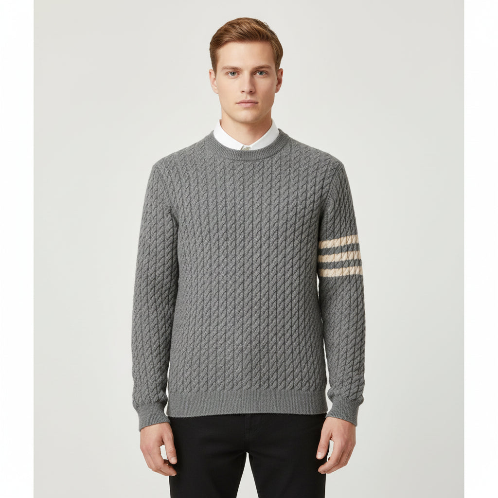 Bram | Men's Cable Knit Crew Neck Sweater Cream Striped Sleeve