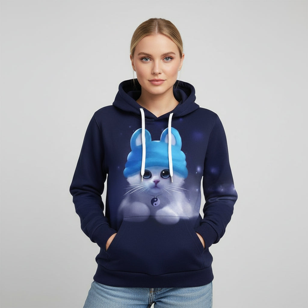 Ada | Women's Graphic Hoodie Navy Blue Cat Print