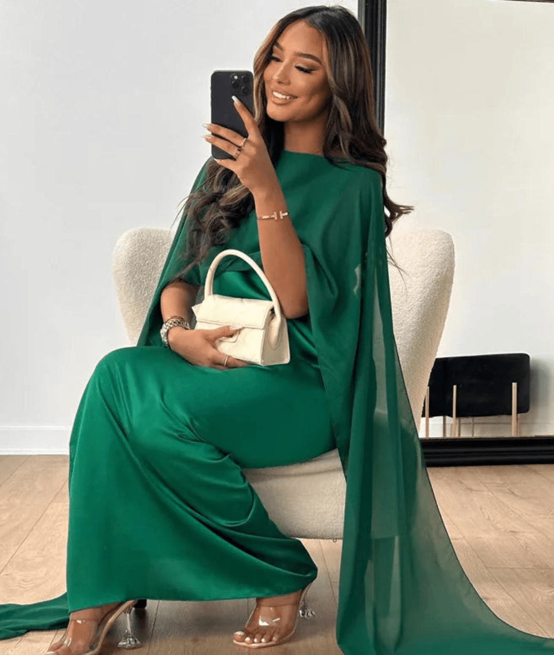 Paloma | Women's Cream Satin Maxi Dress With Cape